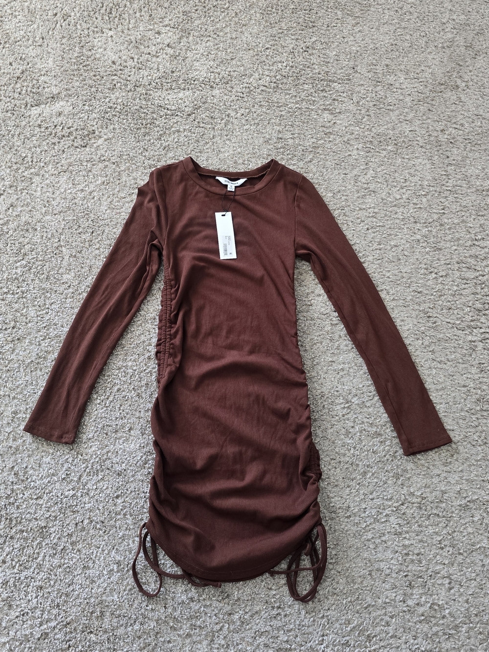 Steve Madden Brown Ribbed Ruched Drawstring Long Sleeve Mini Bodycon Dress S NWT